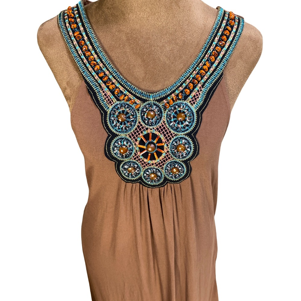 Venus Brown Beaded Embroidered Maxi Dress M Boho Sleeveless Resort Vacay  Casual - Picture 3 of 9